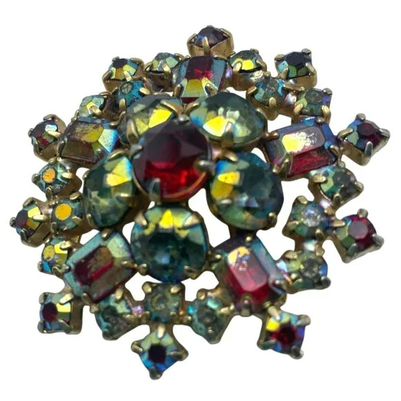 Vintage Aurora Borealis Brooch AB Red Blue Green Austrian MCM 1 3/4" GORGEOUS! - Picture 4 of 8